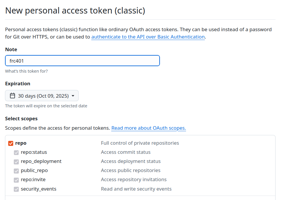 create a personal access token on github