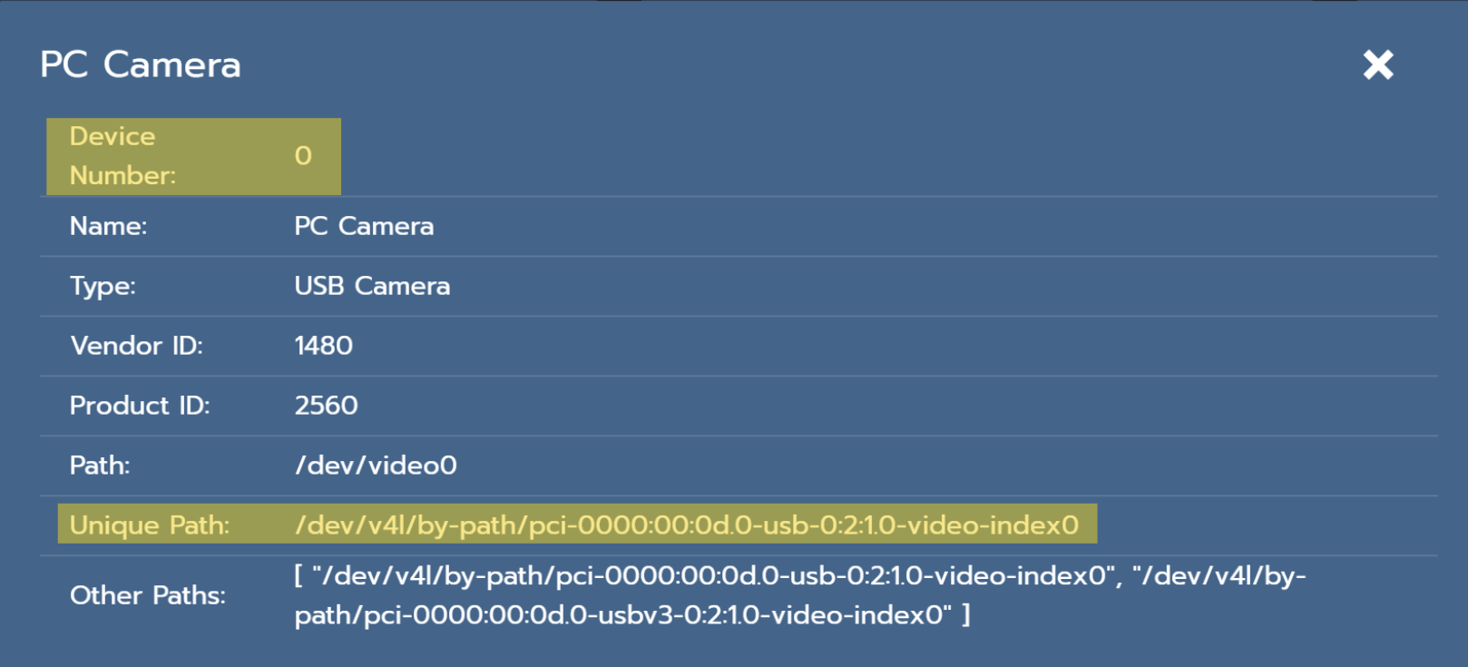 Example diagram showing how the device ID and unique path are displayed in PhotonVision
